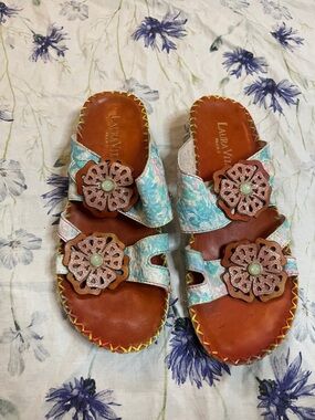 Aqua Floral Leather Slide Mules with Decorative Rosettes